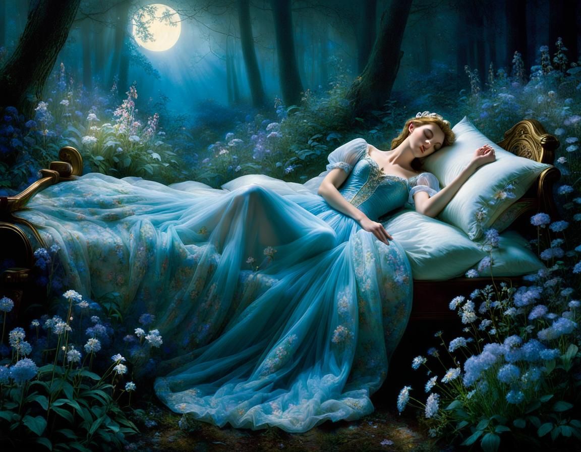 Sleeping Beauty Kissed in Enchanted Forest Watercolor