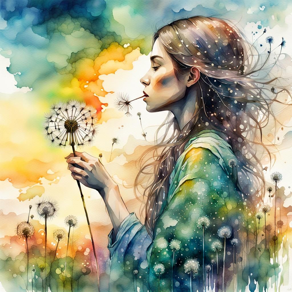 Girl Blowing Dandelion: Fantasy Watercolor Fairytale Illustr...