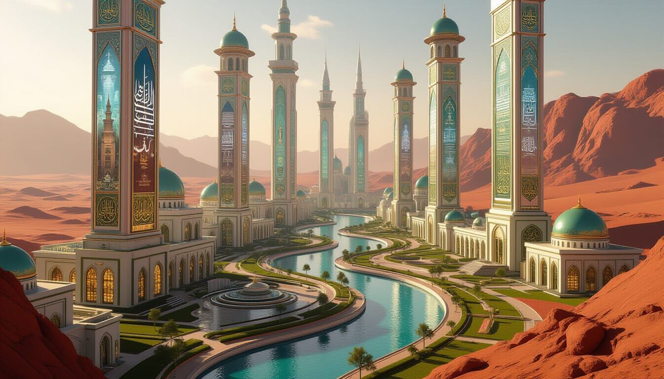 Futuristic Islamic City on Mars in Photorealistic Style