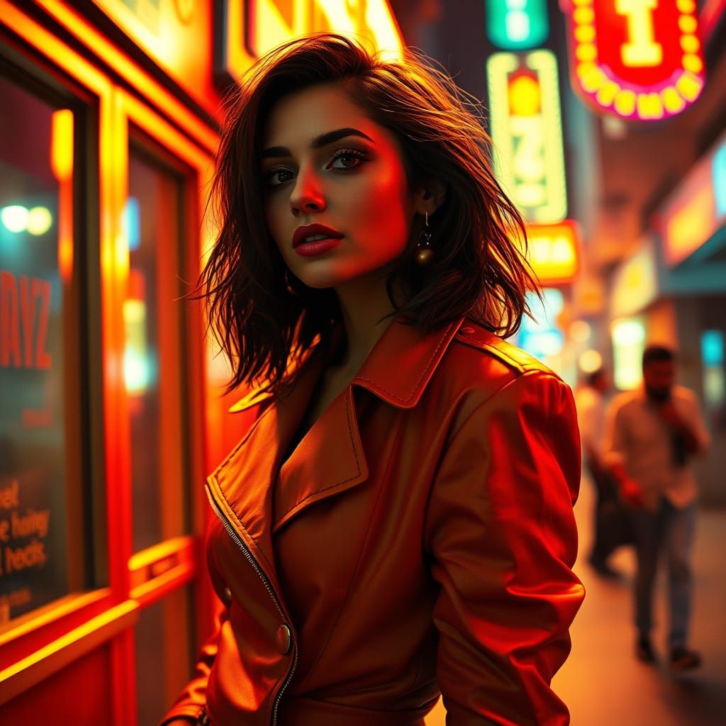 Confident Woman in Vibrant Nightlife Scene