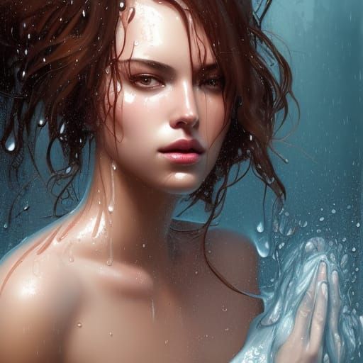 Showering Woman Portrait in Hyperdetailed Style