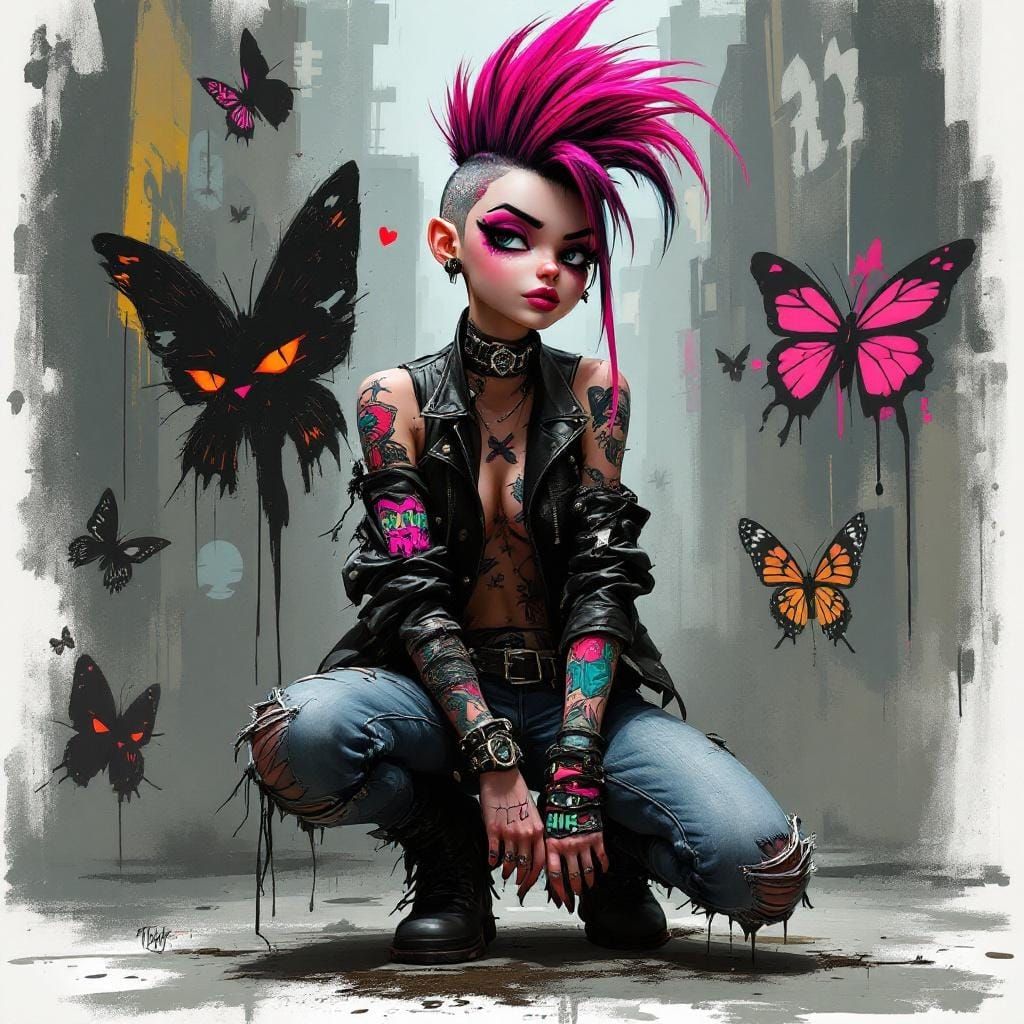 Punk Girl with Mohawk and Tattoos in Urban Style