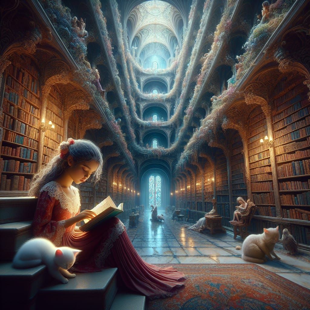 Girl Reading in Fantastical Library with Sleeping Cat