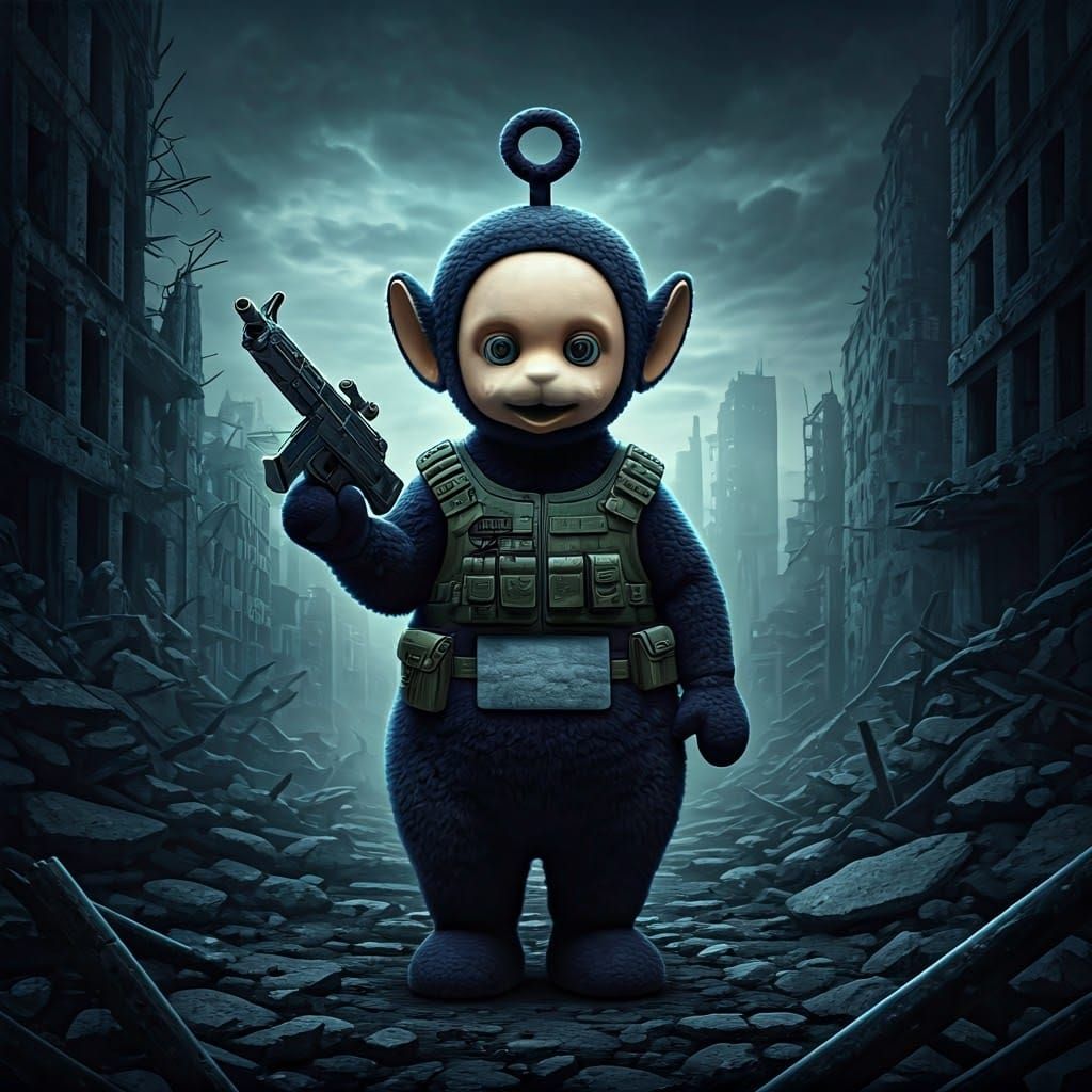 Gritty Post-Apocalyptic Teletubby Wields Machine Gun in Ruin...