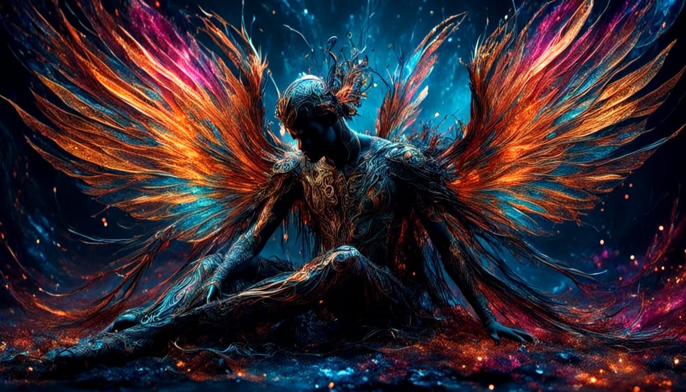 Colorful Angel with Tattoos and Outreached Wings