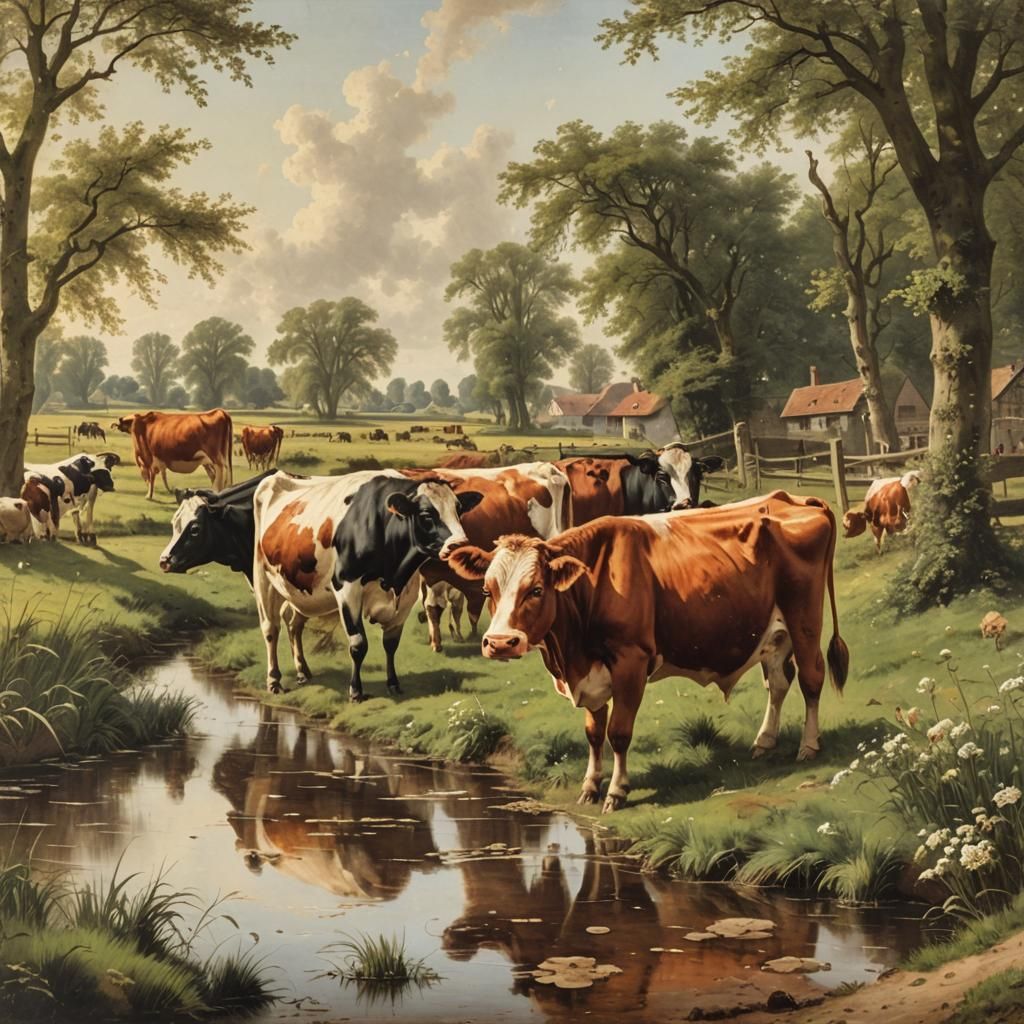Cows in Vintage Dutch Summer Landscape