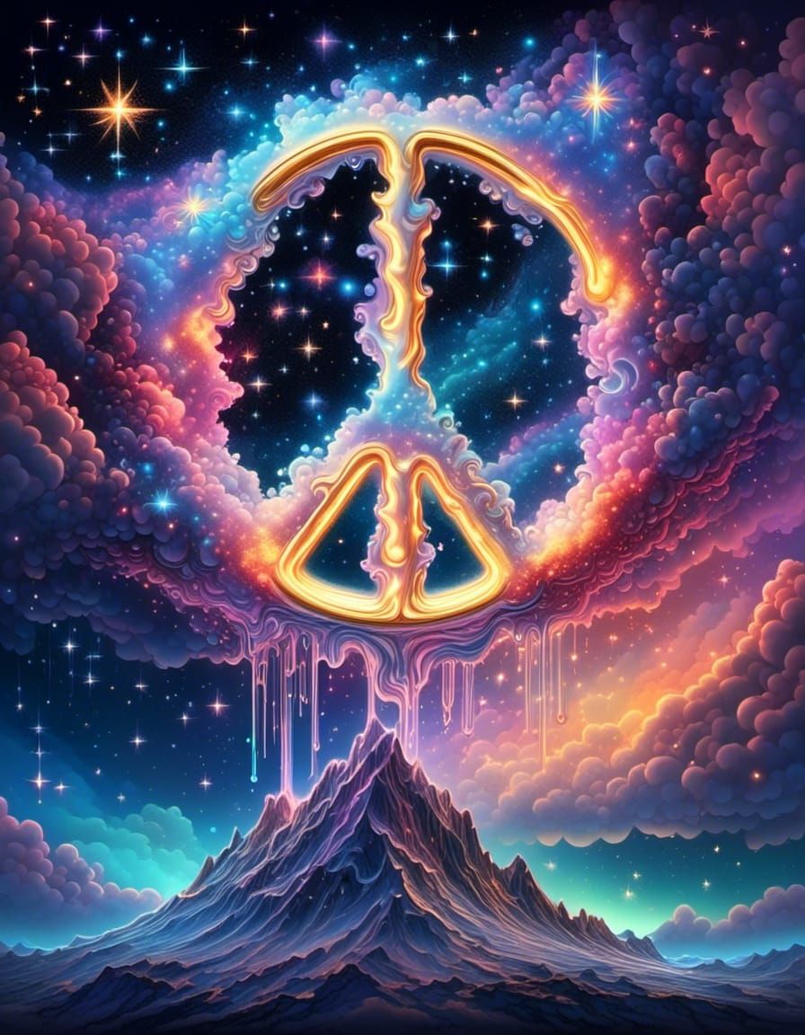 Iridescent Peace Sign in Surreal Astral Landscape
