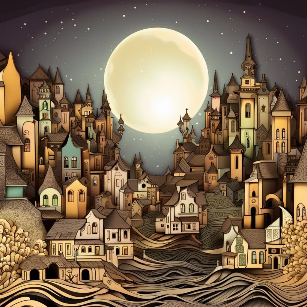 Dark Village Under Moon in Art Nouveau Style