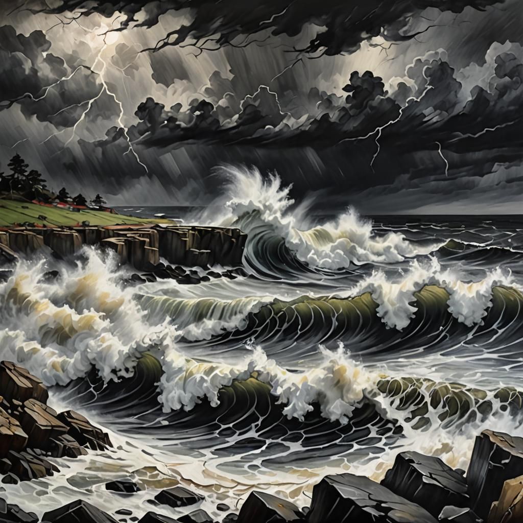 Expressionist Charcoal Seascape with Lightning