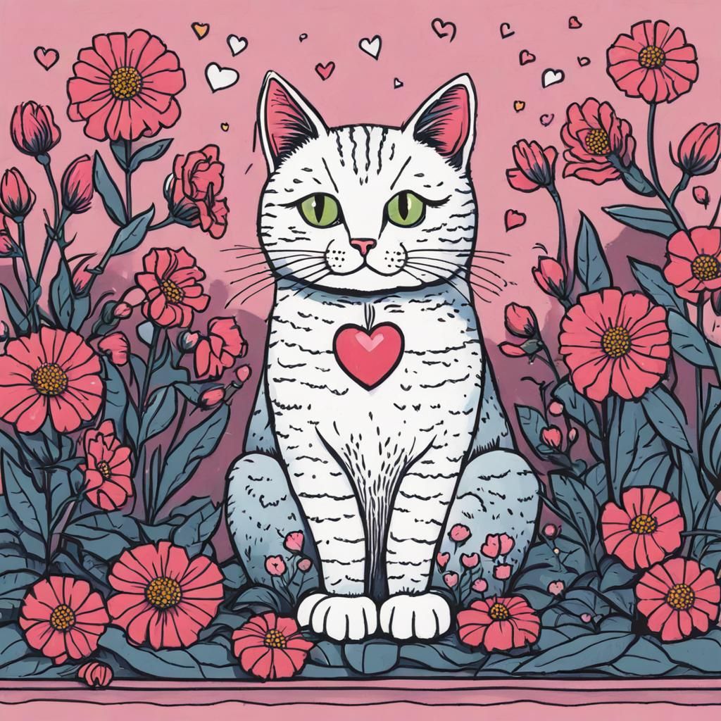 Cute Cartoonist Cat Amidst Floral Whimsy