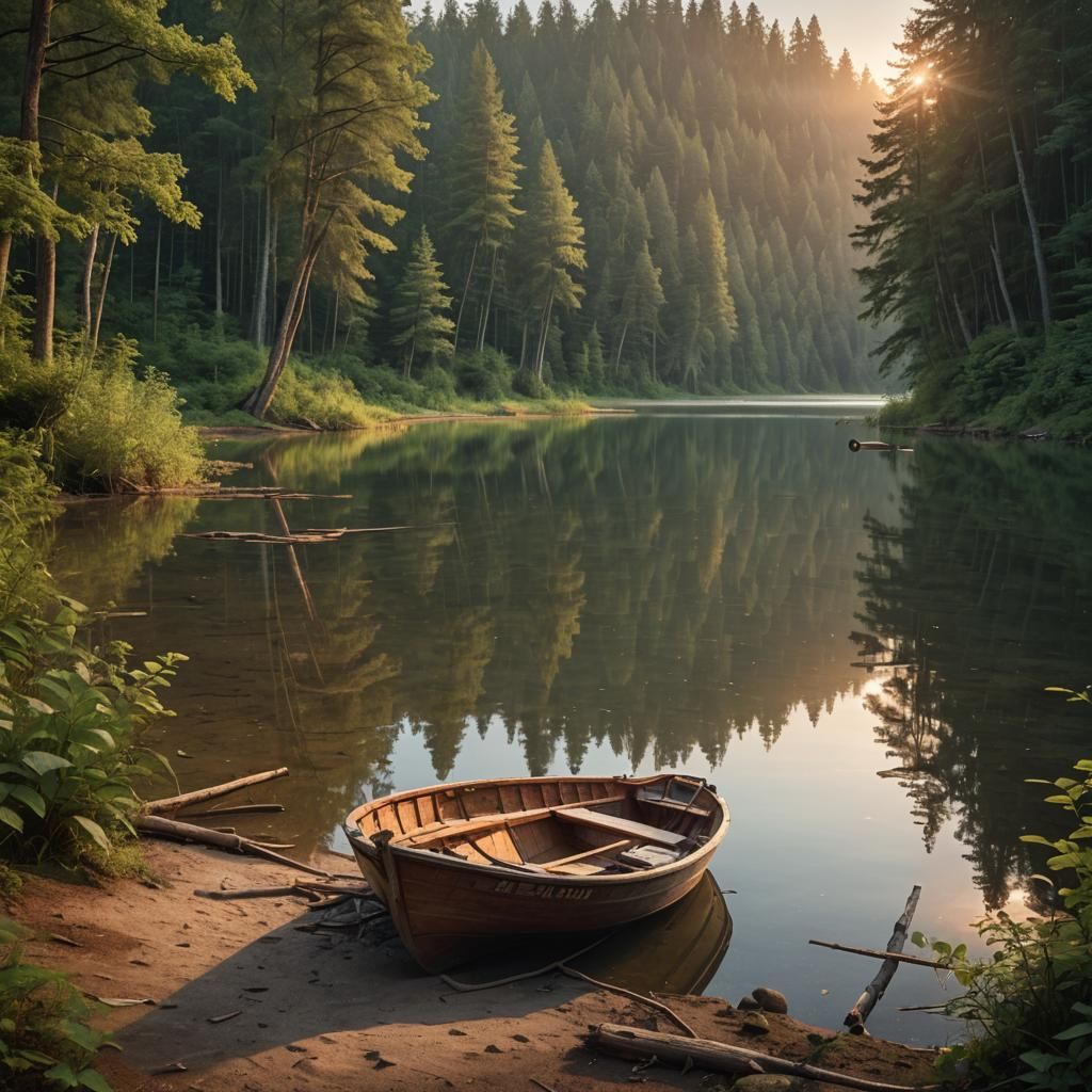 Sunset Serenity: Wooden Boat on Forest Lake