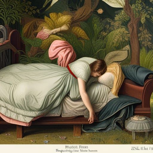 Victorian Girl Sleeping in Garden with Dark Cat