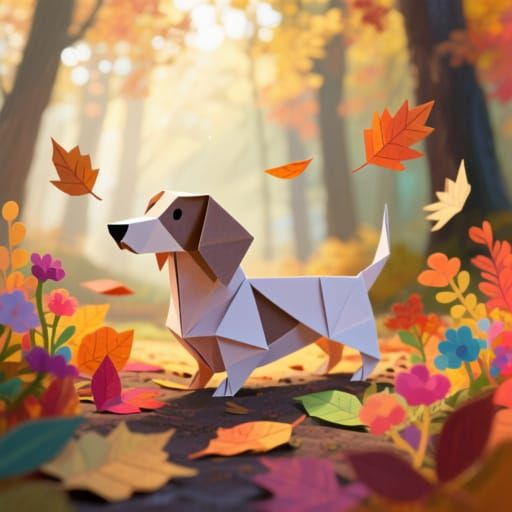 Origami Dachshund in Autumn Forest