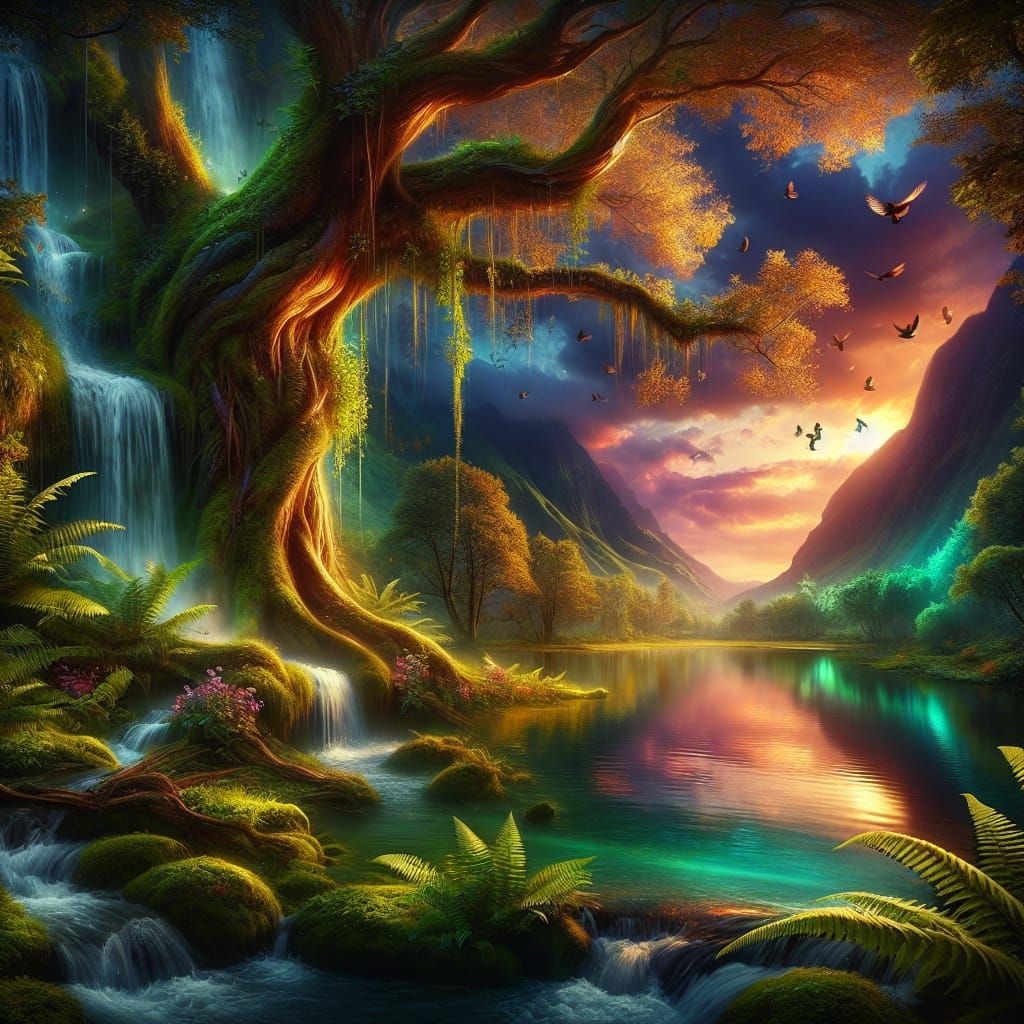 Mystical Fairy Tale Landscape with Waterfall and Golden Tree