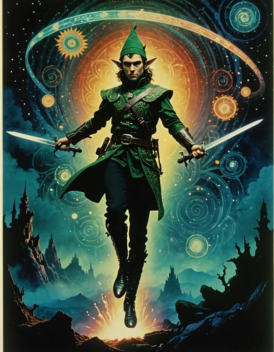 Magical Elf Mage with Swords in Dreamcore Style