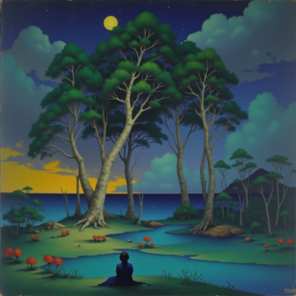 Gauguin-Inspired Moonlit Landscape in Fauvist Style