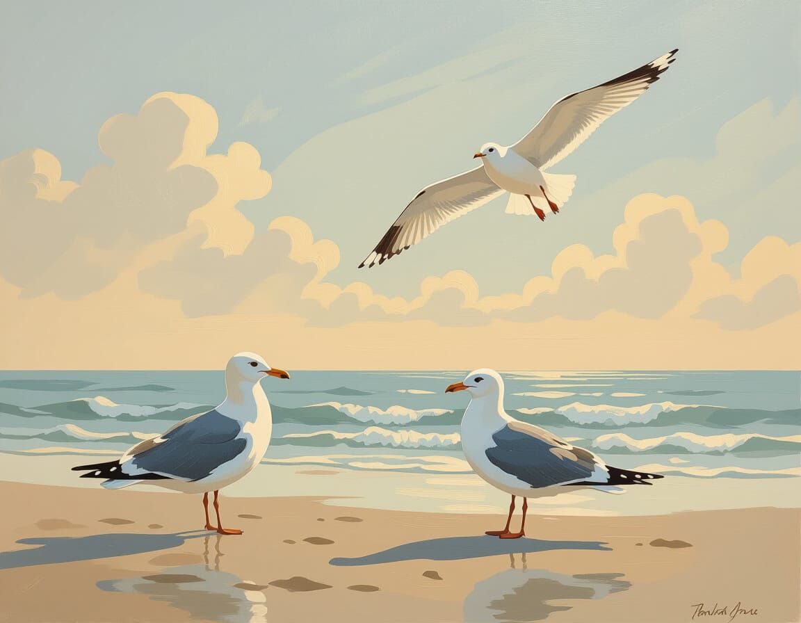 Seagulls on Beach in Impressionistic Style