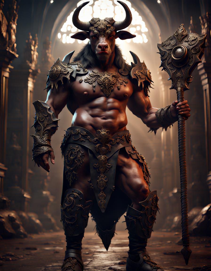 Minotaur in Leather and Lace, Detailed Fantasy Art