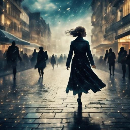 Double Exposure Portrait of Woman in Crowded City