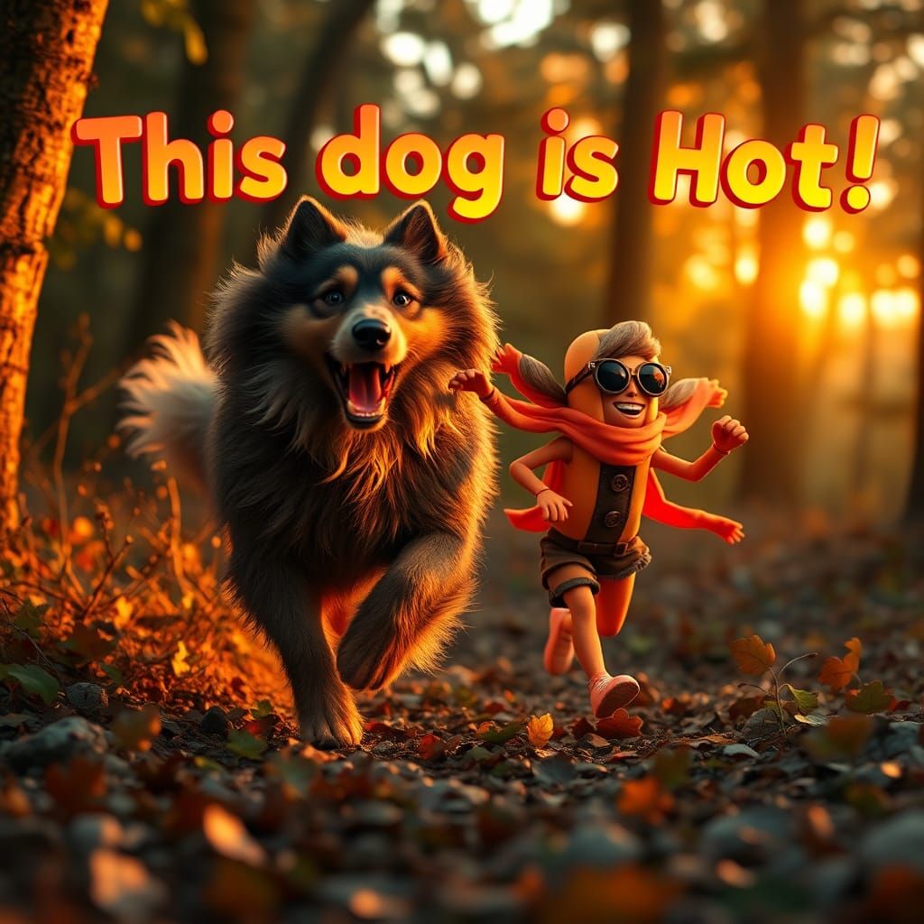 Dog Chased by Hotdog in Hyperrealistic Forest Scene