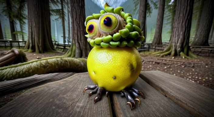 Hyperrealistic Mutant Lemon Monster in Decayed Woodland