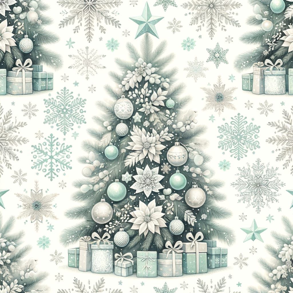Christmas Tree Seamless Pattern with Pastel Snowflakes