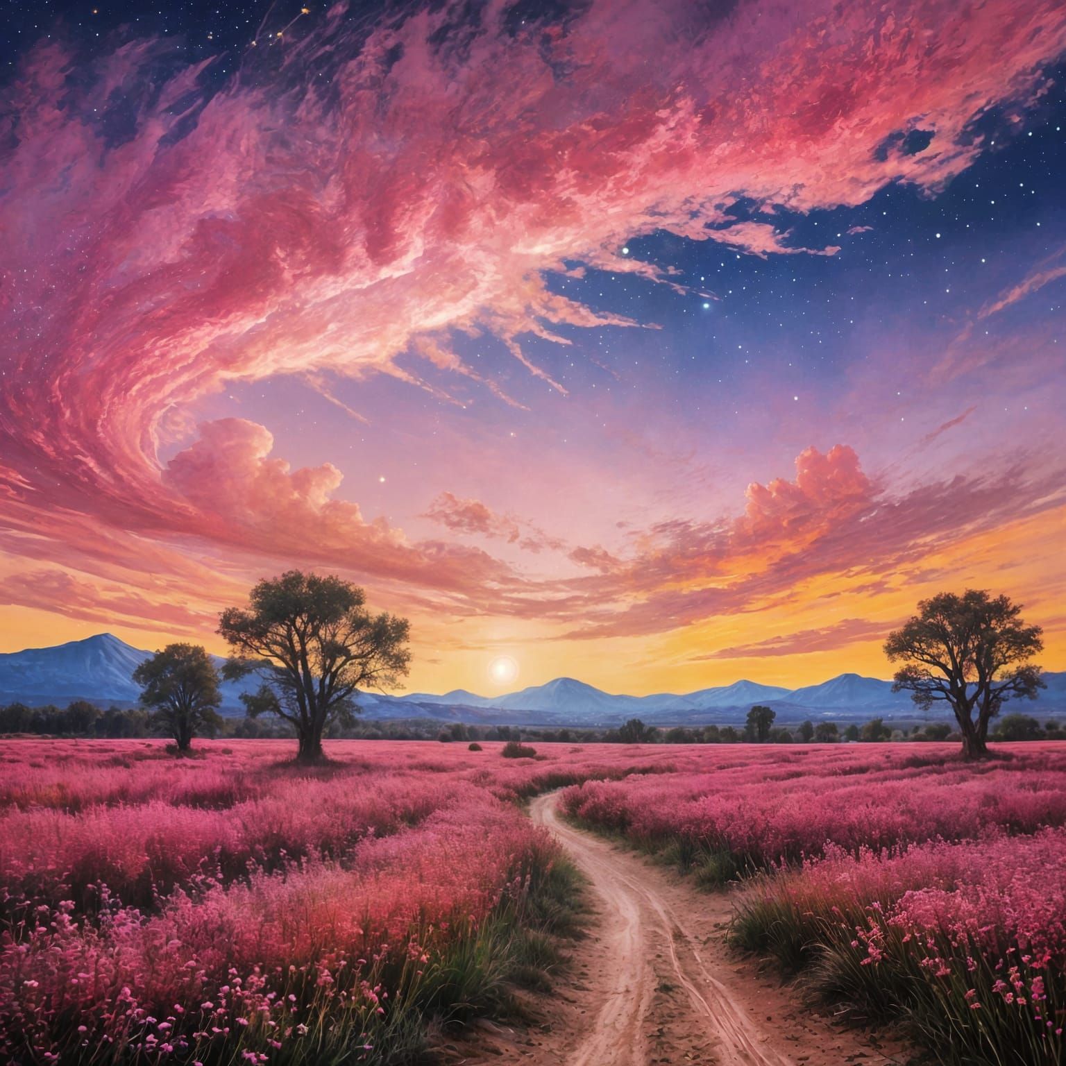 Pink Starry Night Landscape as Impasto Painting