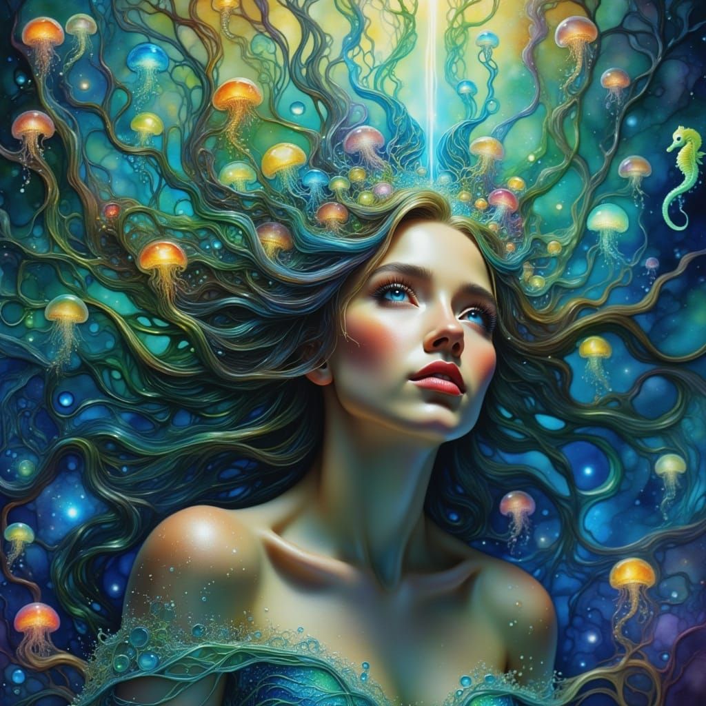 Ocean Wave Hair with Jellyfish in Hyperrealistic Style