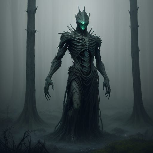 Ethereal Dark Fantasy Figure in Misty Forest