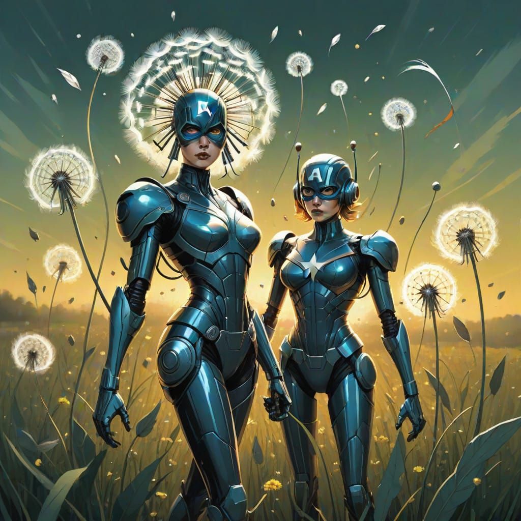 Whimsical Dandelion Robots in Comic Book Style