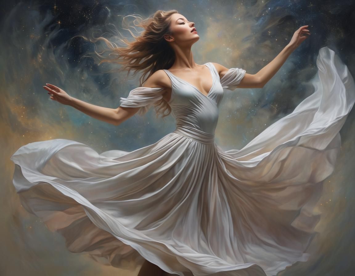 Ethereal Dancing Woman in Cosmic Oil Painting