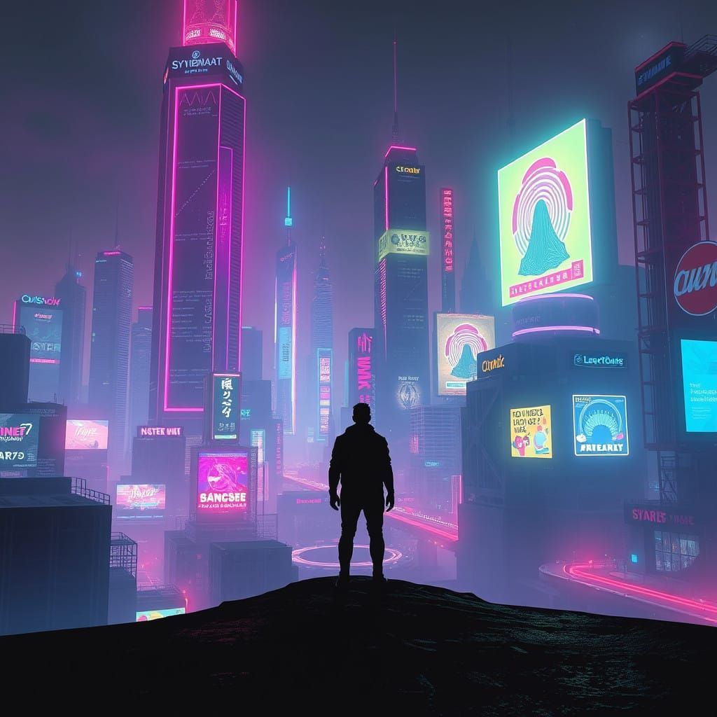 Futuristic Dystopian Cityscape in Neon Haze
