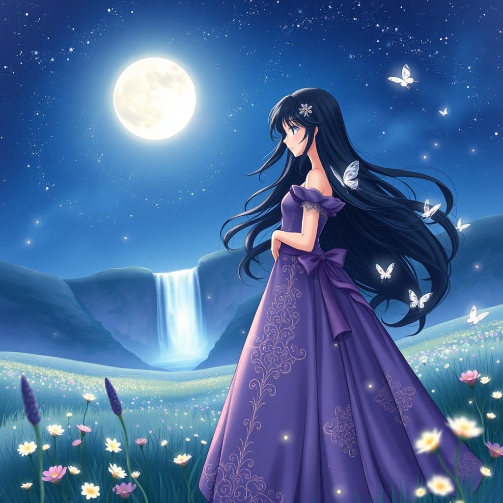 Anime Princess Under Starry Night Sky in Dreamy Meadow