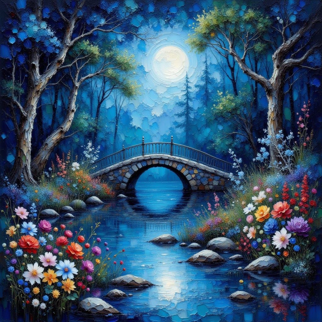 Moonlight Illuminates Ancient Bridge in Enchanted Forest