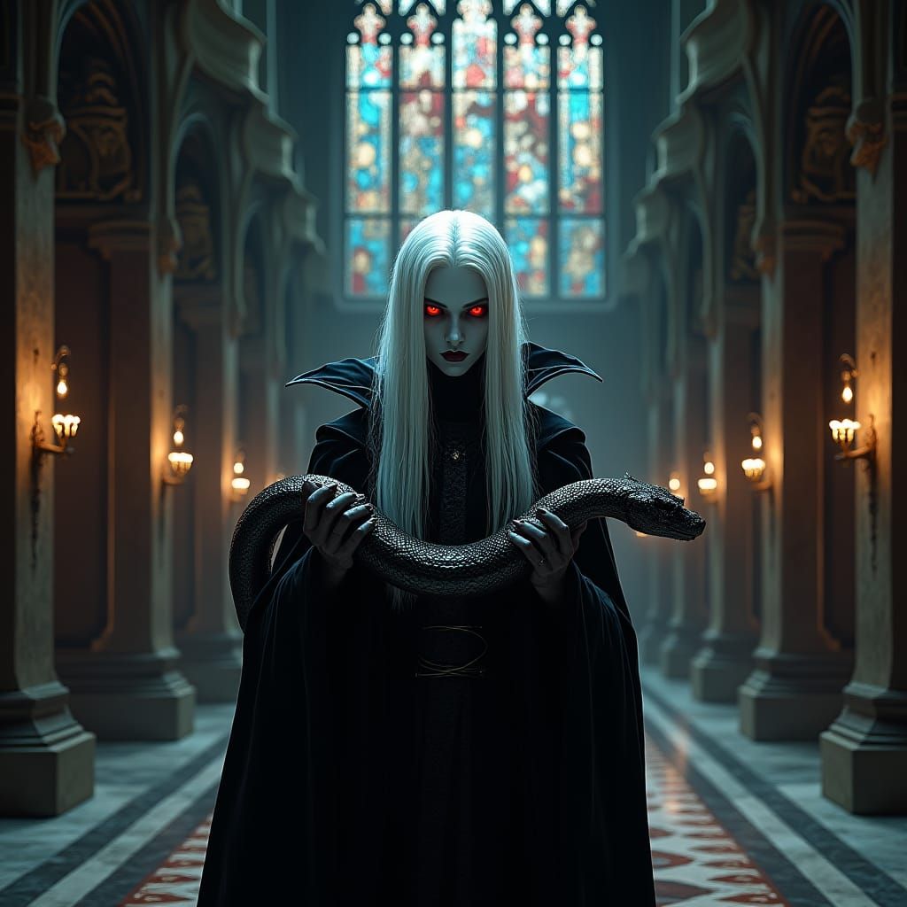 Vampire in Gothic Palace with Serpent, Digital Matte Paintin...