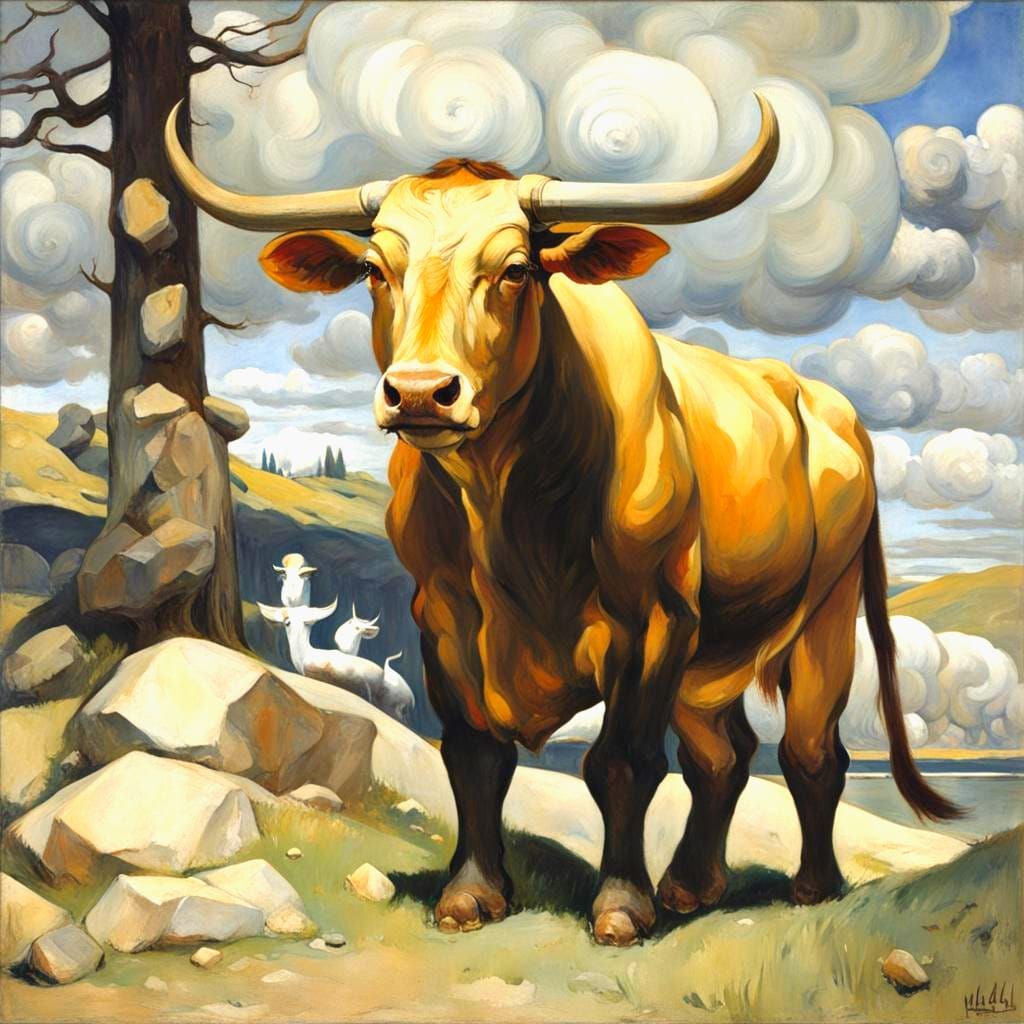 Ox in Field: Gallen-Kallela Inspired Illustration