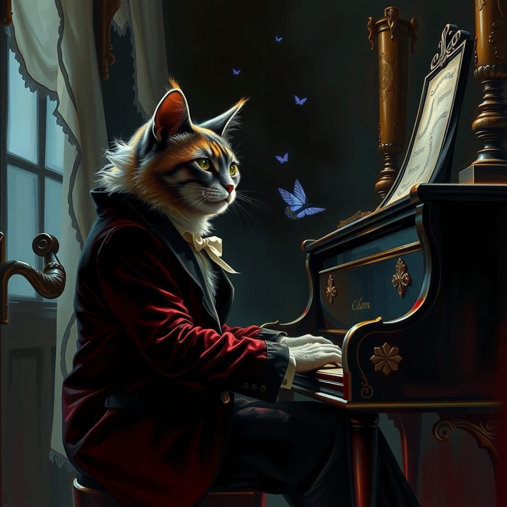 Mystical Cat Pianist in Gothic Cinematic Style