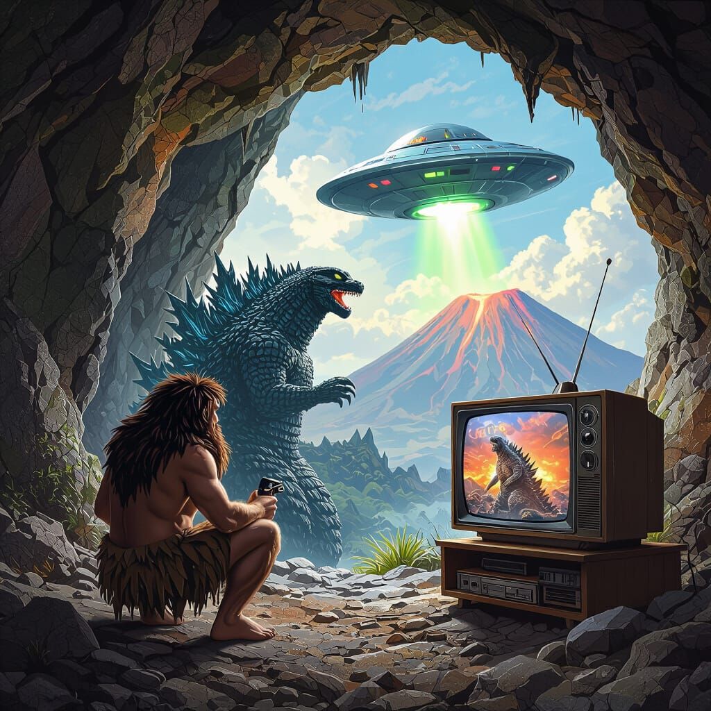 Caveman Watches Godzilla TV Show with Robot, UFO, Volcano
