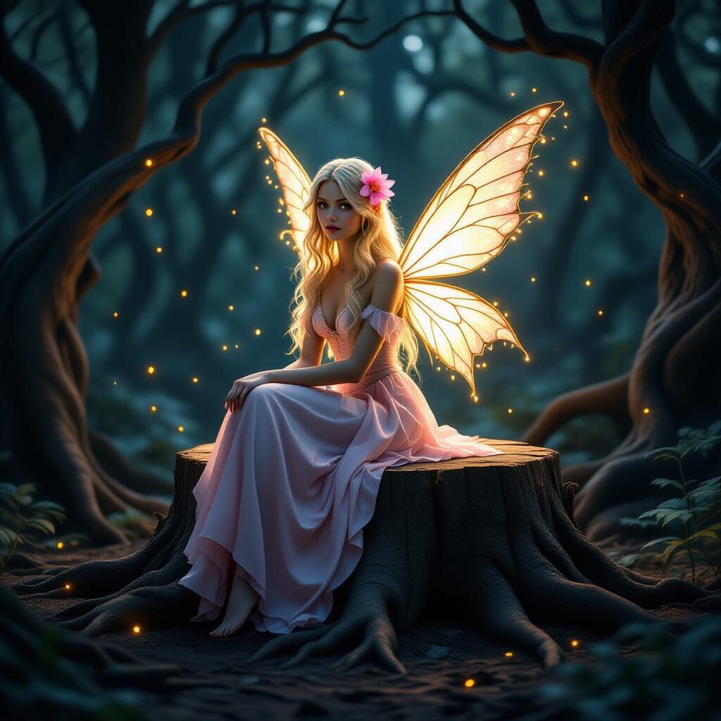 A fairy with long short blonde hair and glowing wings sits g...