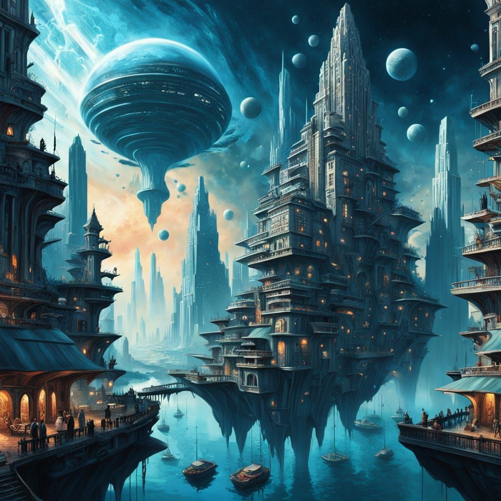 Surreal Floating City in Cosmic Nebula
