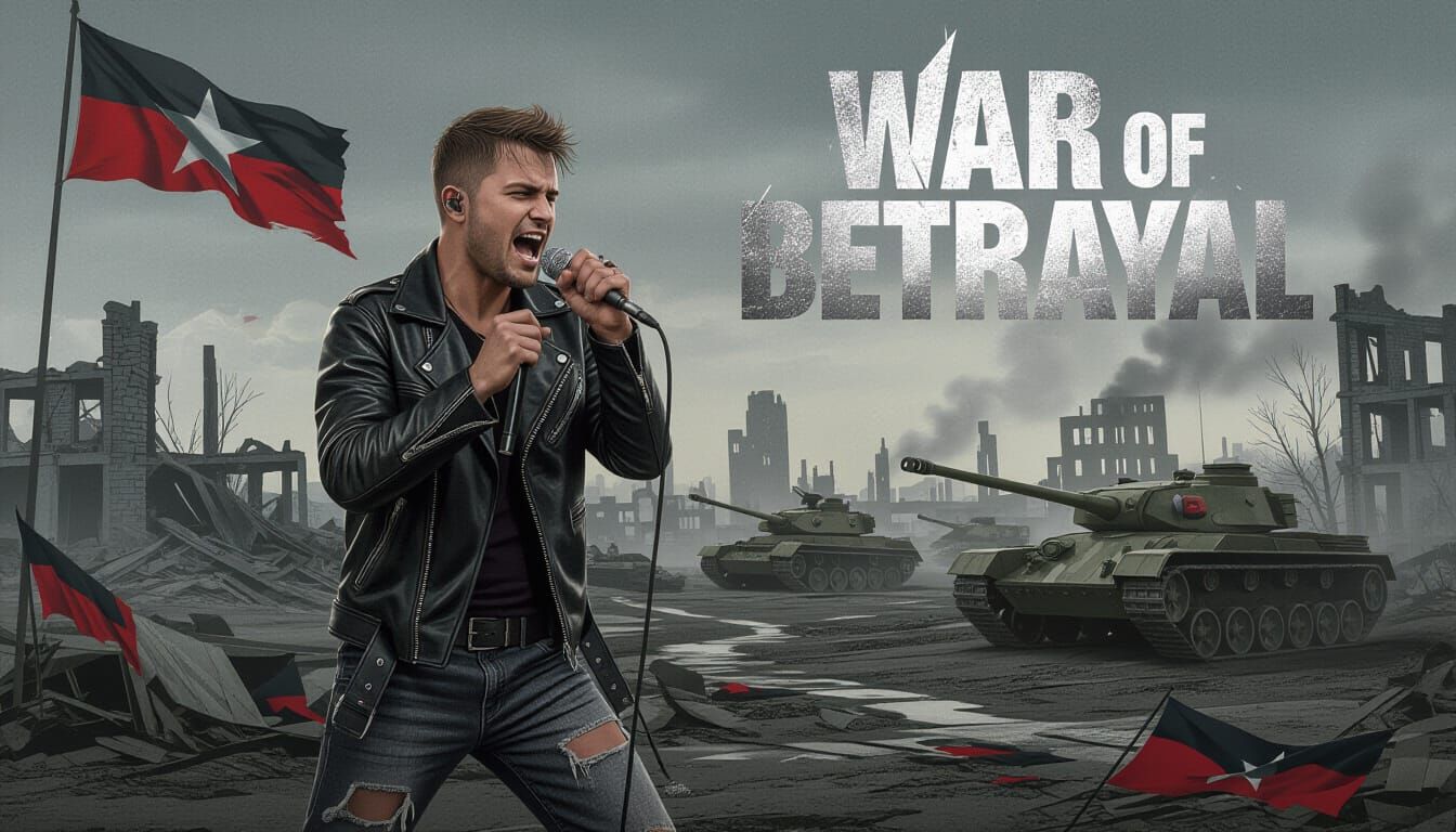 Gritty War Singer in Desolate Landscape