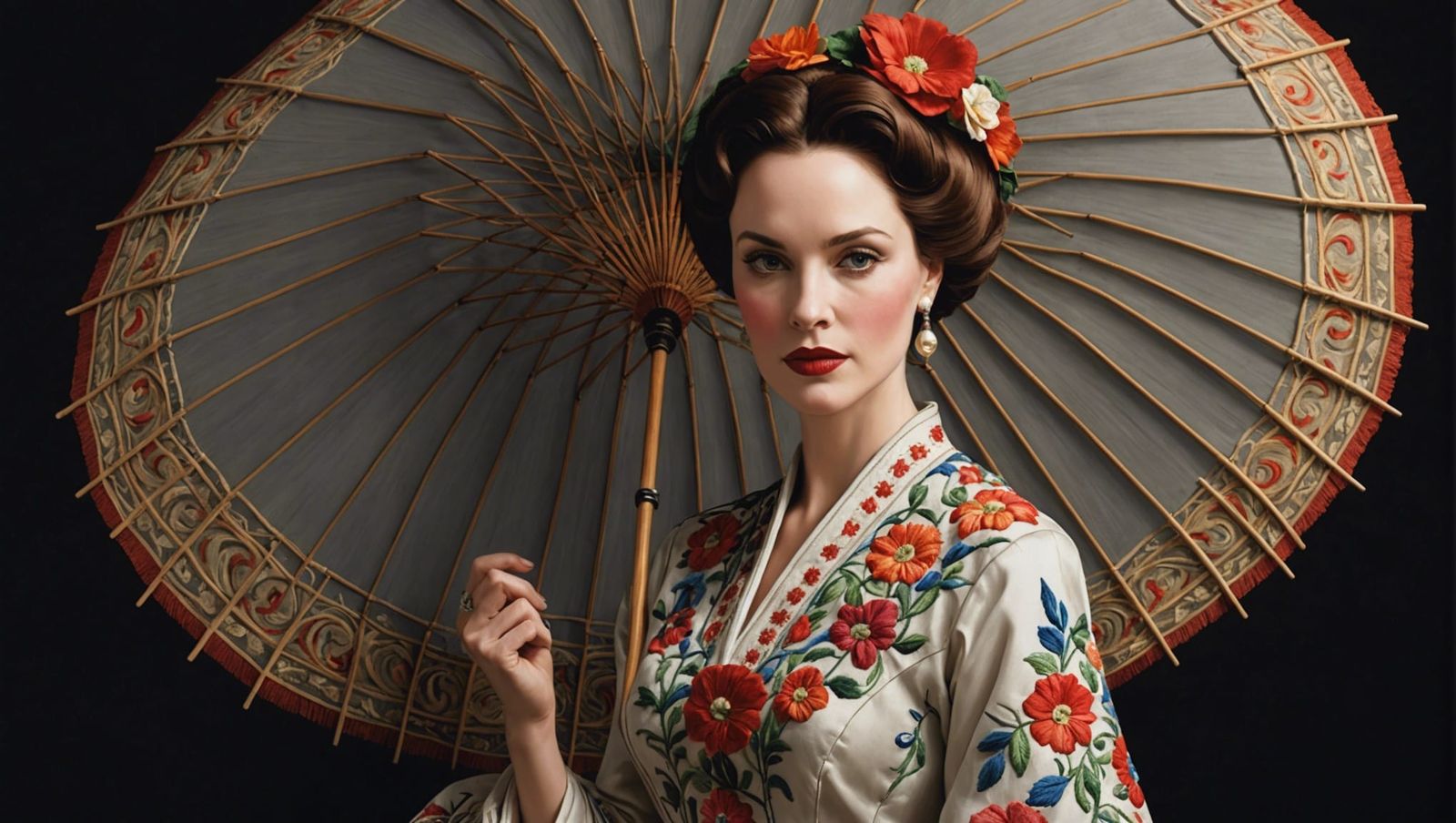 Embroidered Lady with Parasol in Chiaroscuro Style