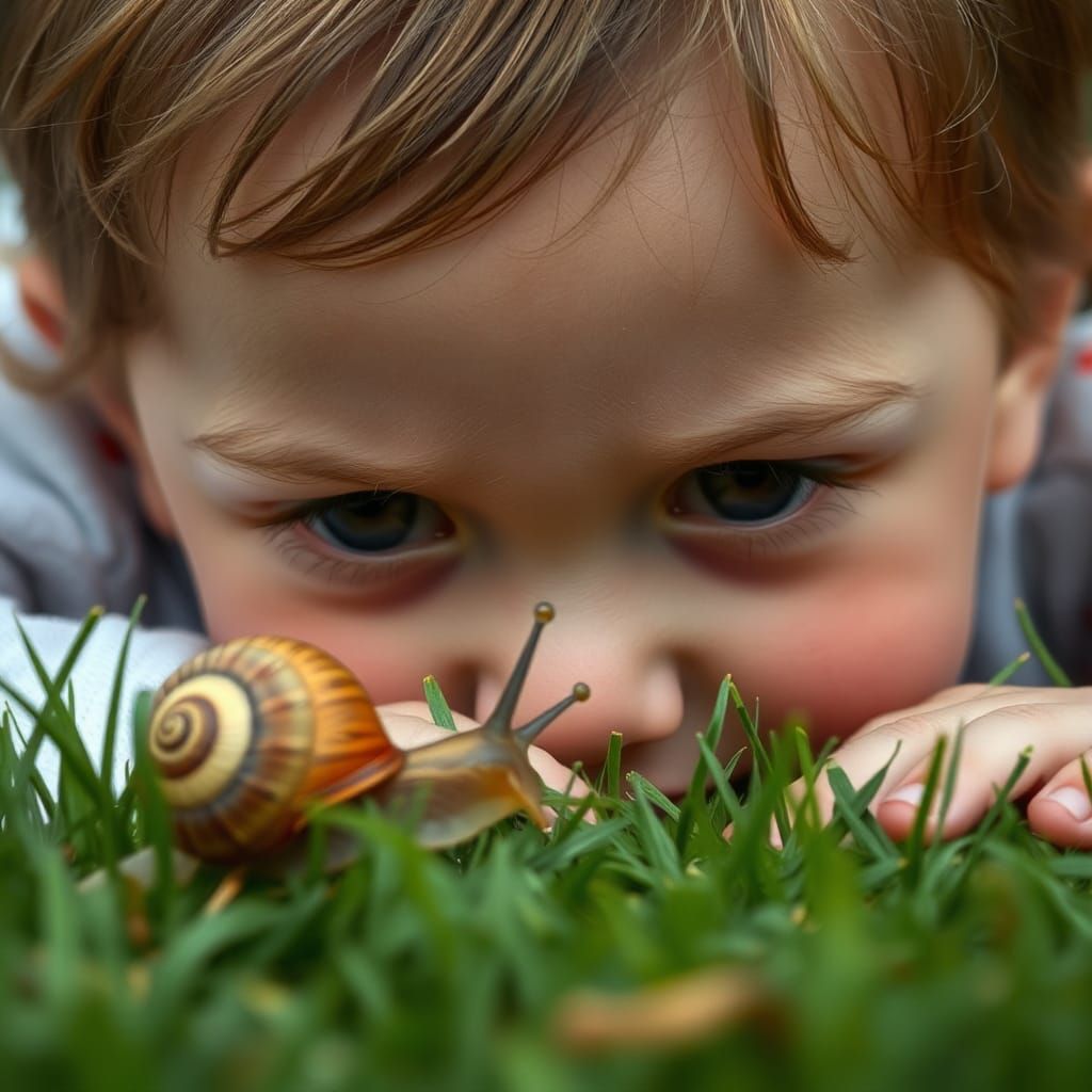 Hyperrealistic Photo of Child Watching Snail