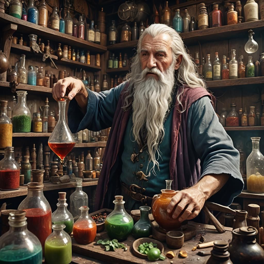 Hyperrealistic Wizard Creating Potions in Cluttered Shop