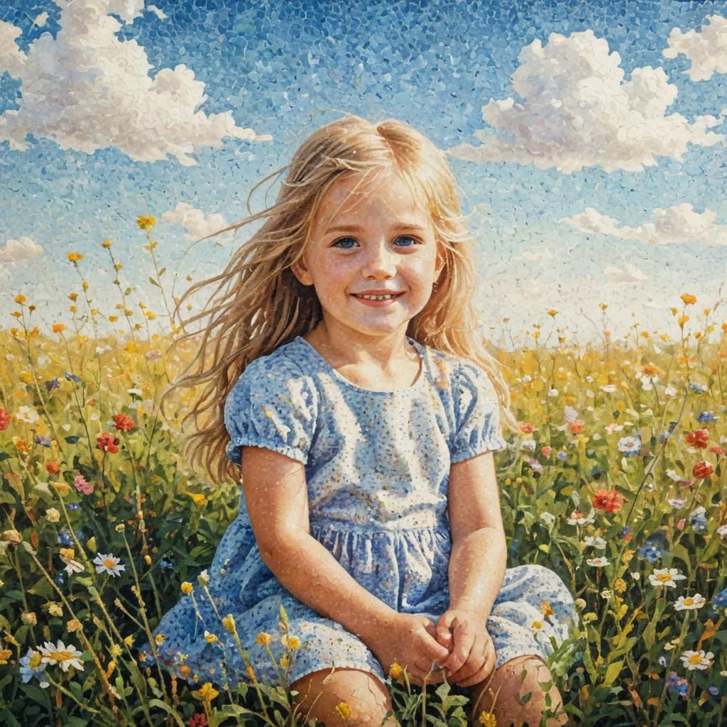 Pointillist Girl in Wildflower Meadow