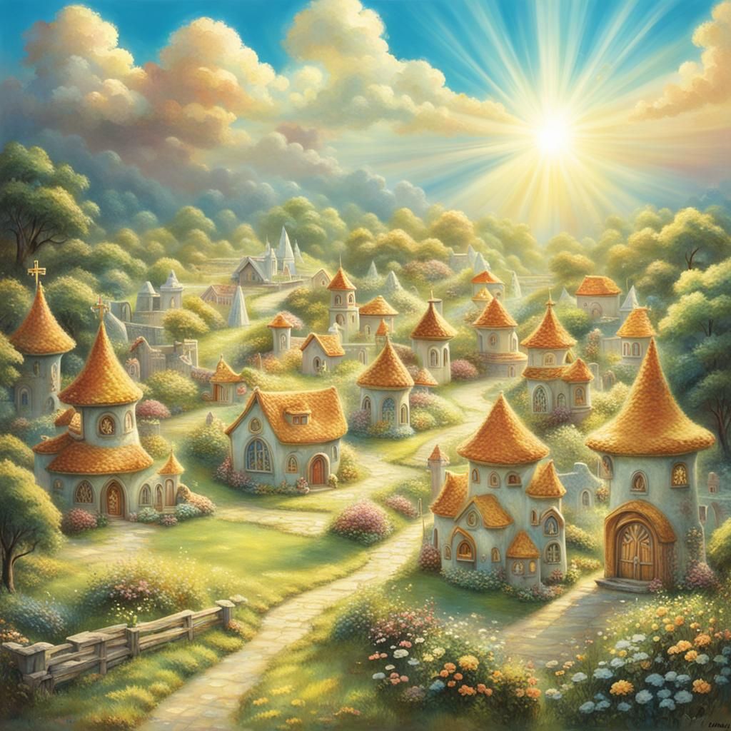 Fairy Town in Sunshine Beams Through Clouds