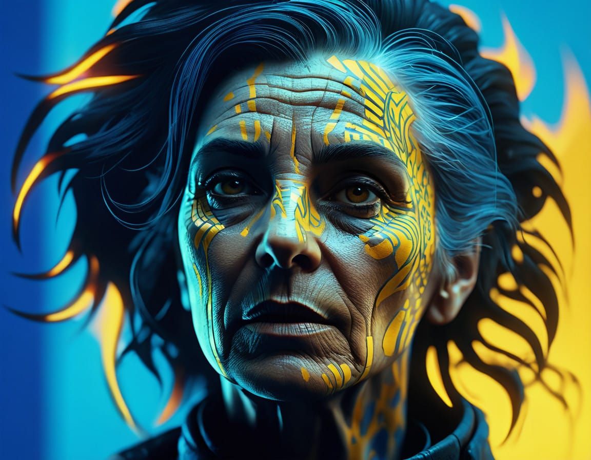 Woman with Determined Expression in Vibrant, Abstract Backgr...