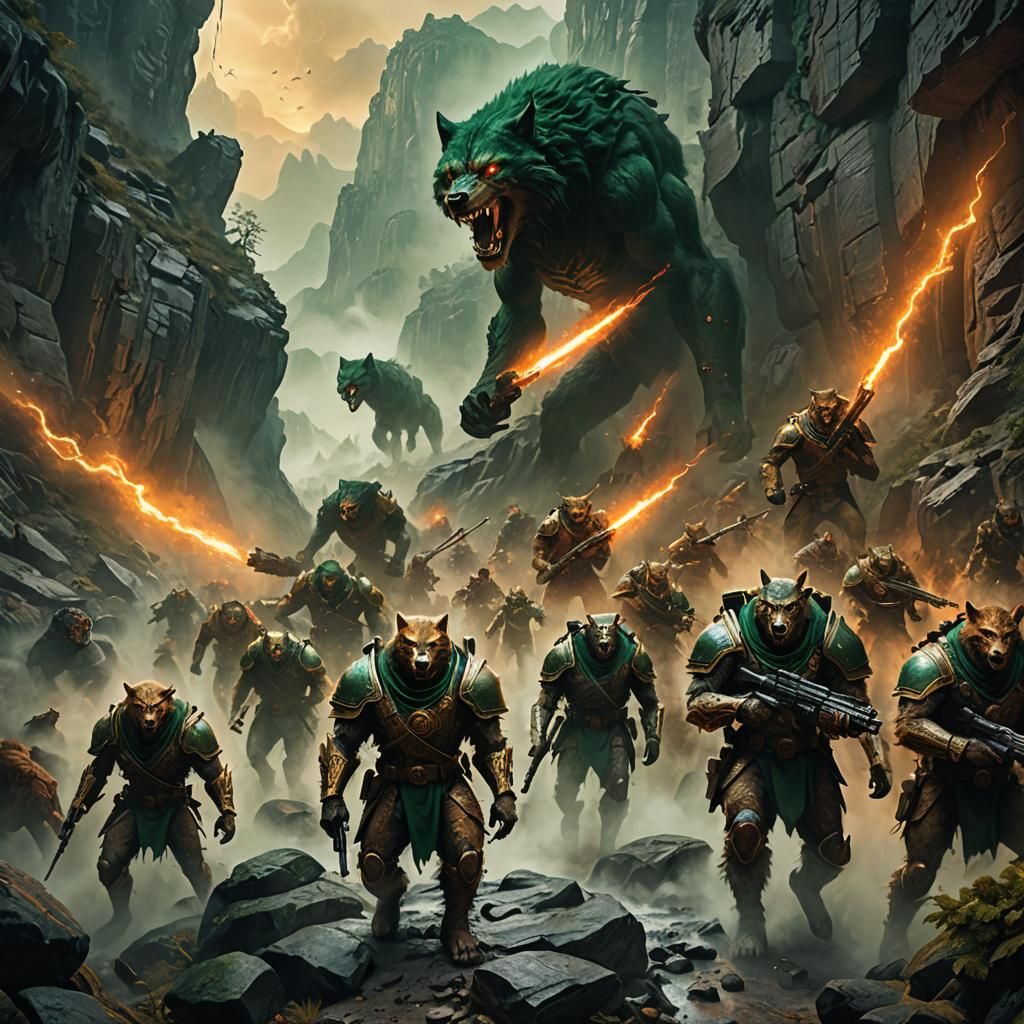 Werewolf Army with Guns in Misty Canyon