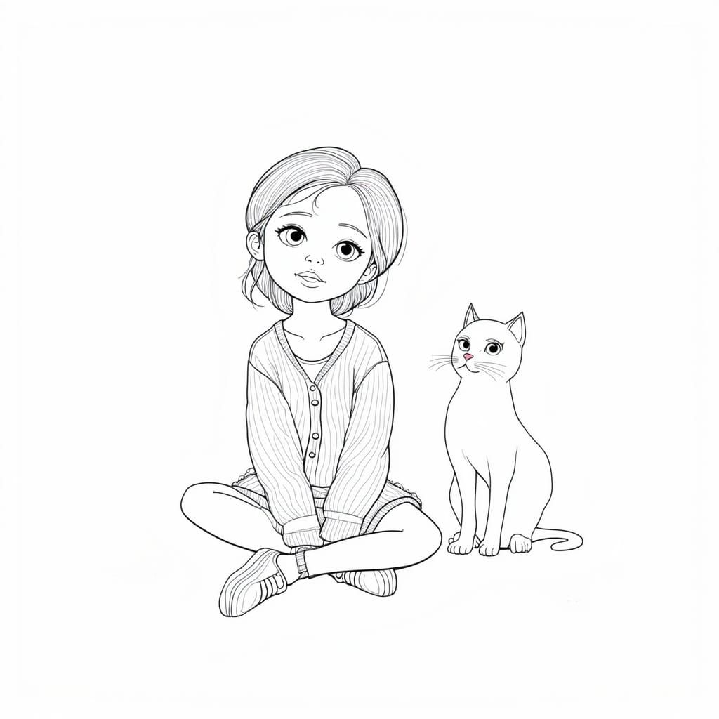Girl with Cat: Black and White Comic-Style Illustration