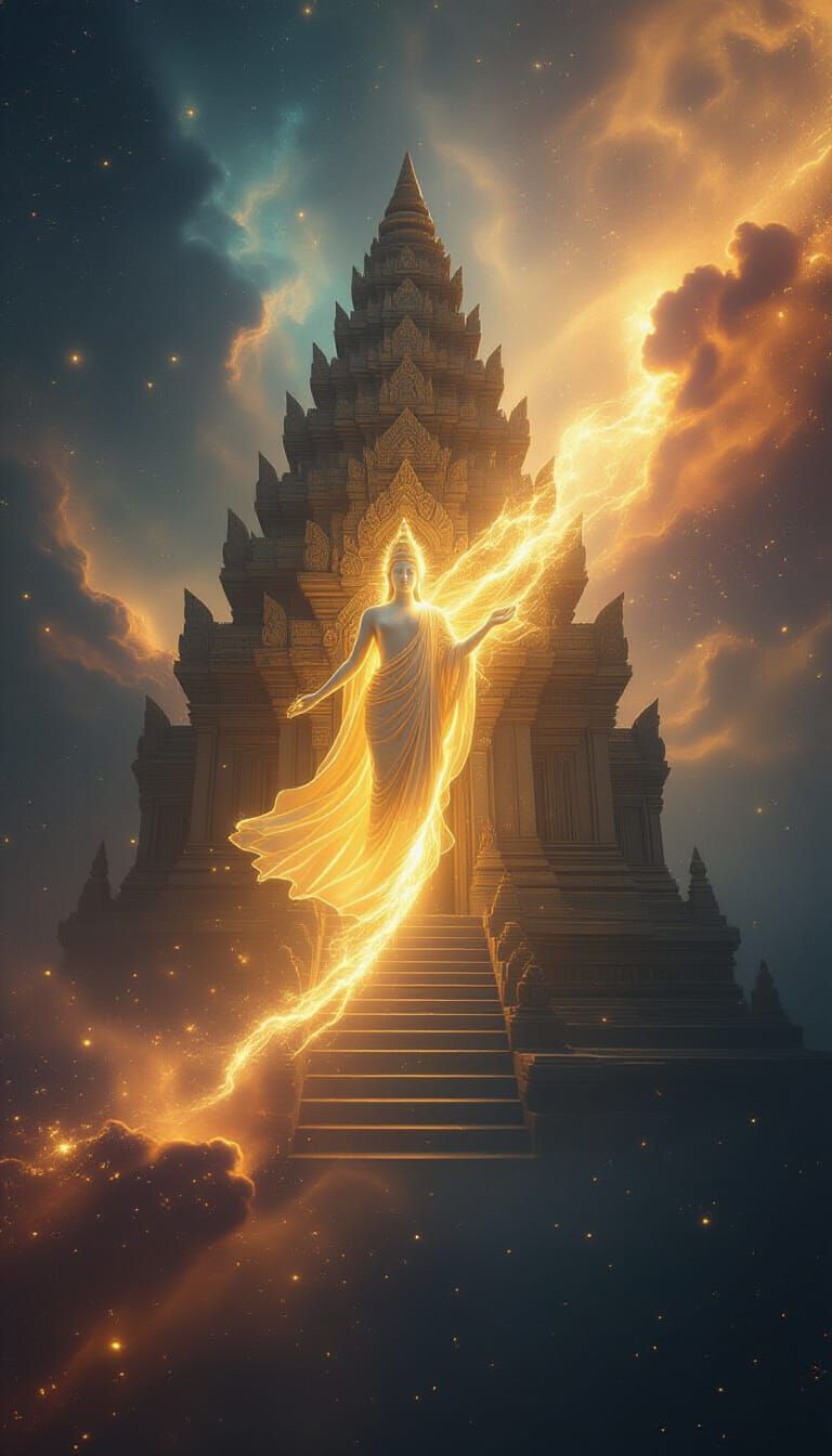 Cosmic Temple Floats in Space with Luminous Figure